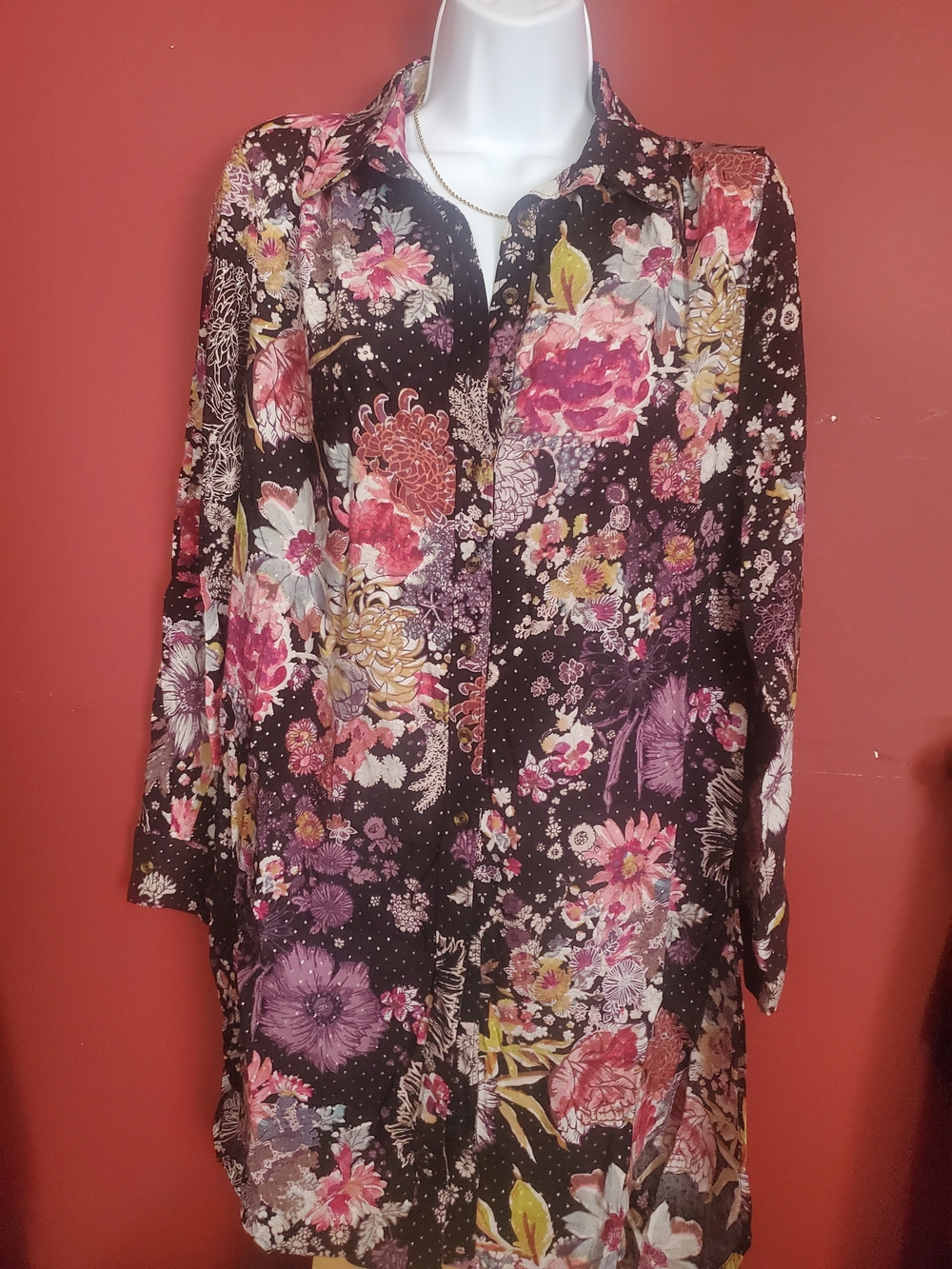 Maeve Black Floral Button-Front Tunic with Pink and maeve